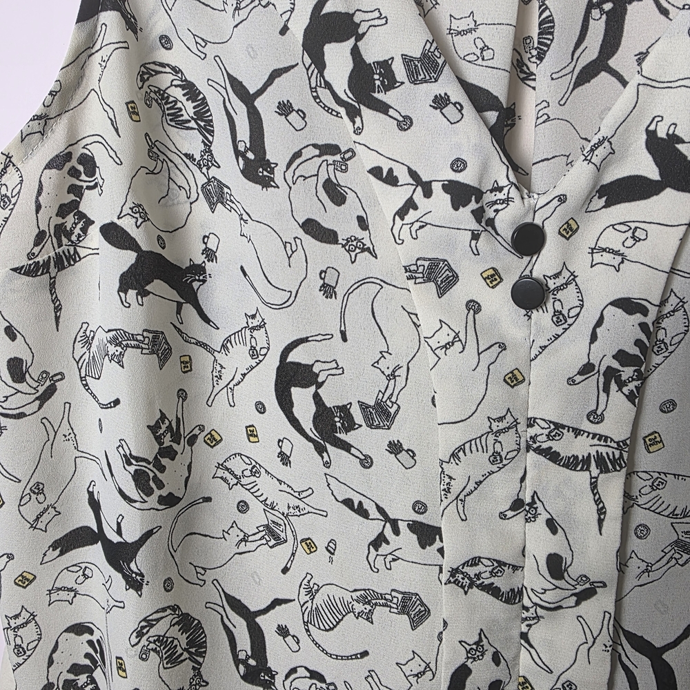ModCloth Cream Sleeveless Button-Front Blouse with Black Cat Print - Picture 3 of 7